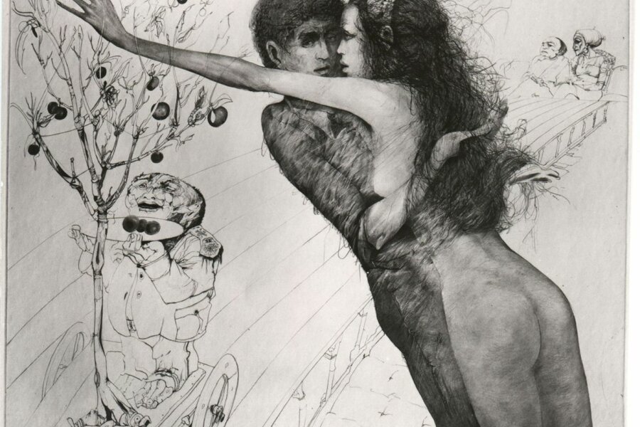 Karel Demel, Adam a Eva, 1985, kombinovaná technika